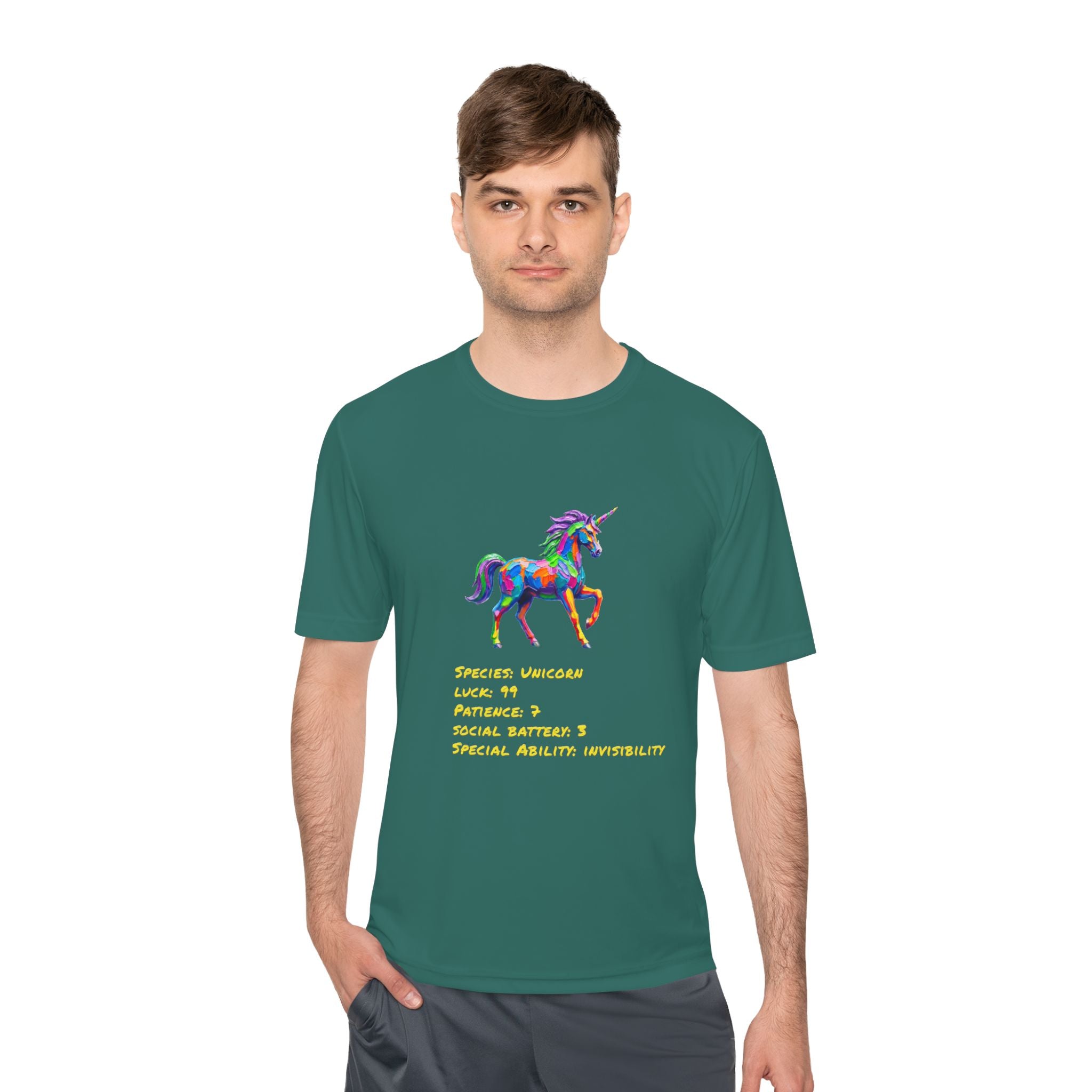 Unicorn Stat Card Moisture Wicking Shirt — "Special Ability: Invisibility"