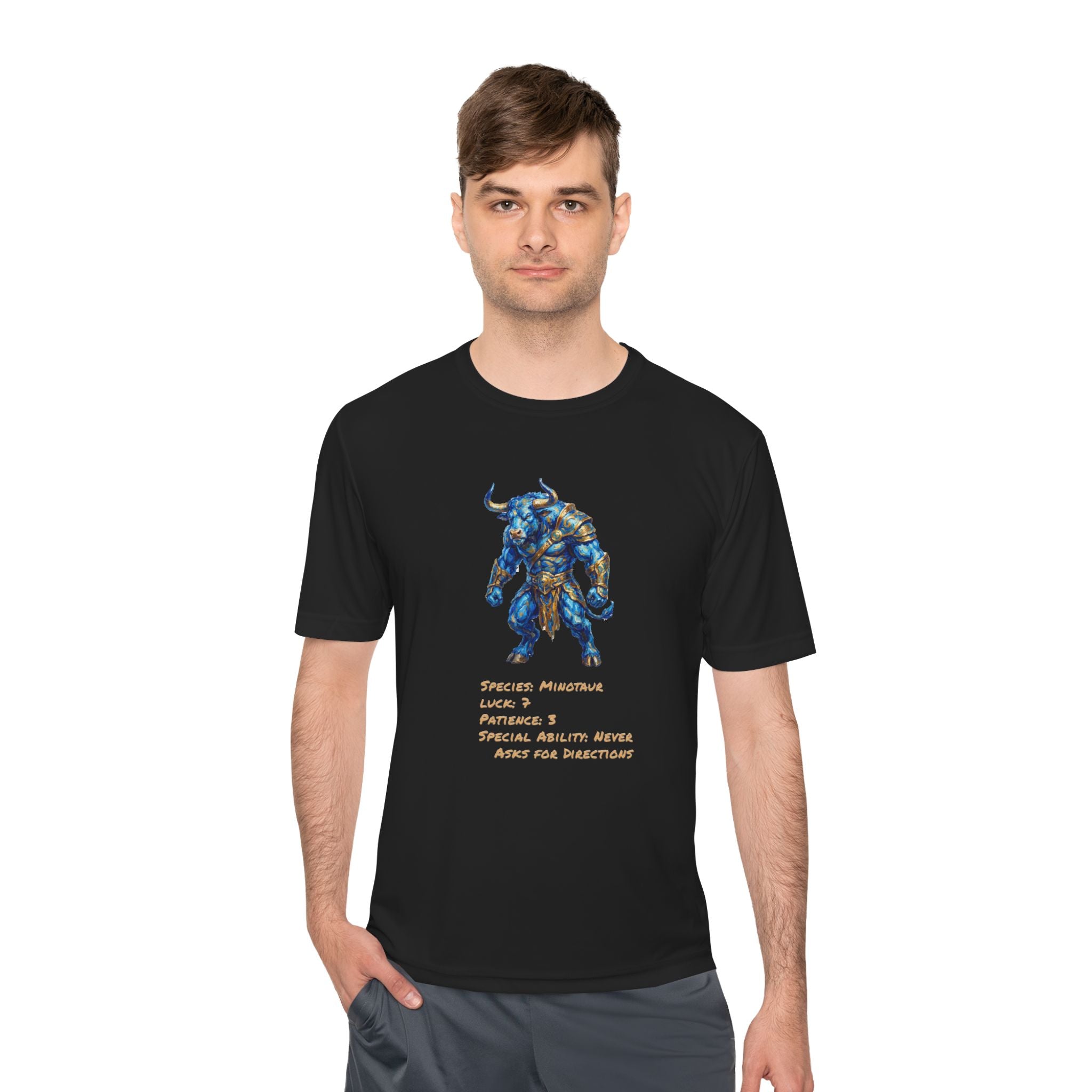 Minotaur RPG Character Moisture Wicking Shirt — "Special Ability: Never Asks for Directions"