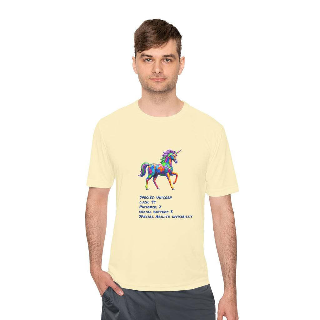 Unicorn Stat Card Moisture Wicking Shirt — "Special Ability: Invisibility"