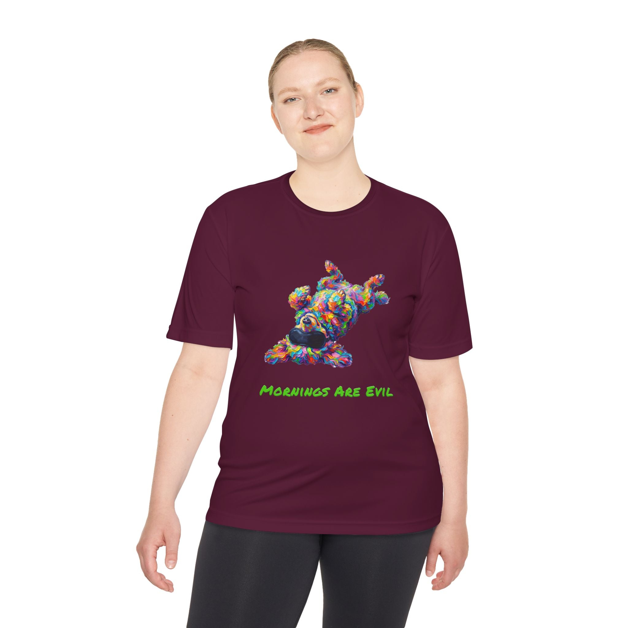 Mornings Are Evil Performance Shirt — Colorful Lazy Dog Graphic Tee