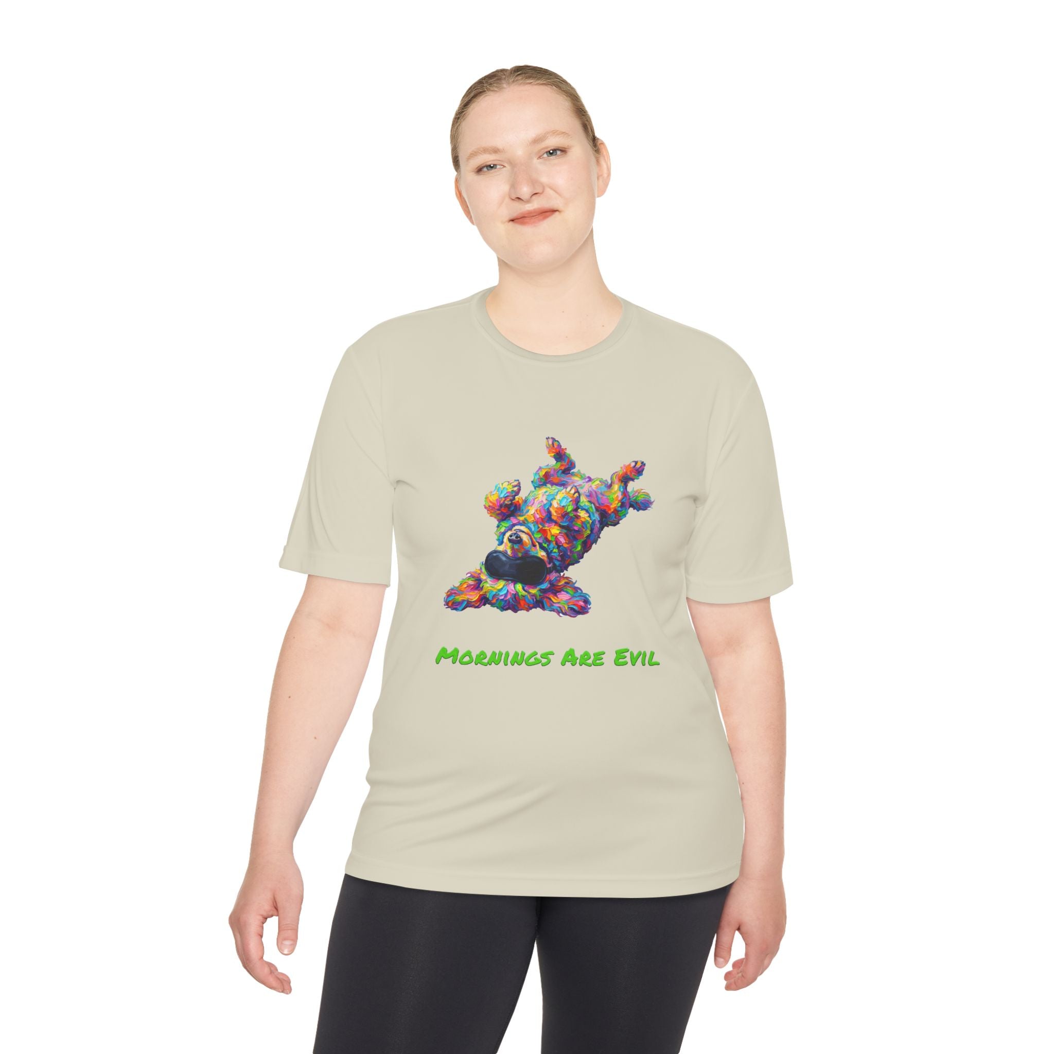 Mornings Are Evil Performance Shirt — Colorful Lazy Dog Graphic Tee