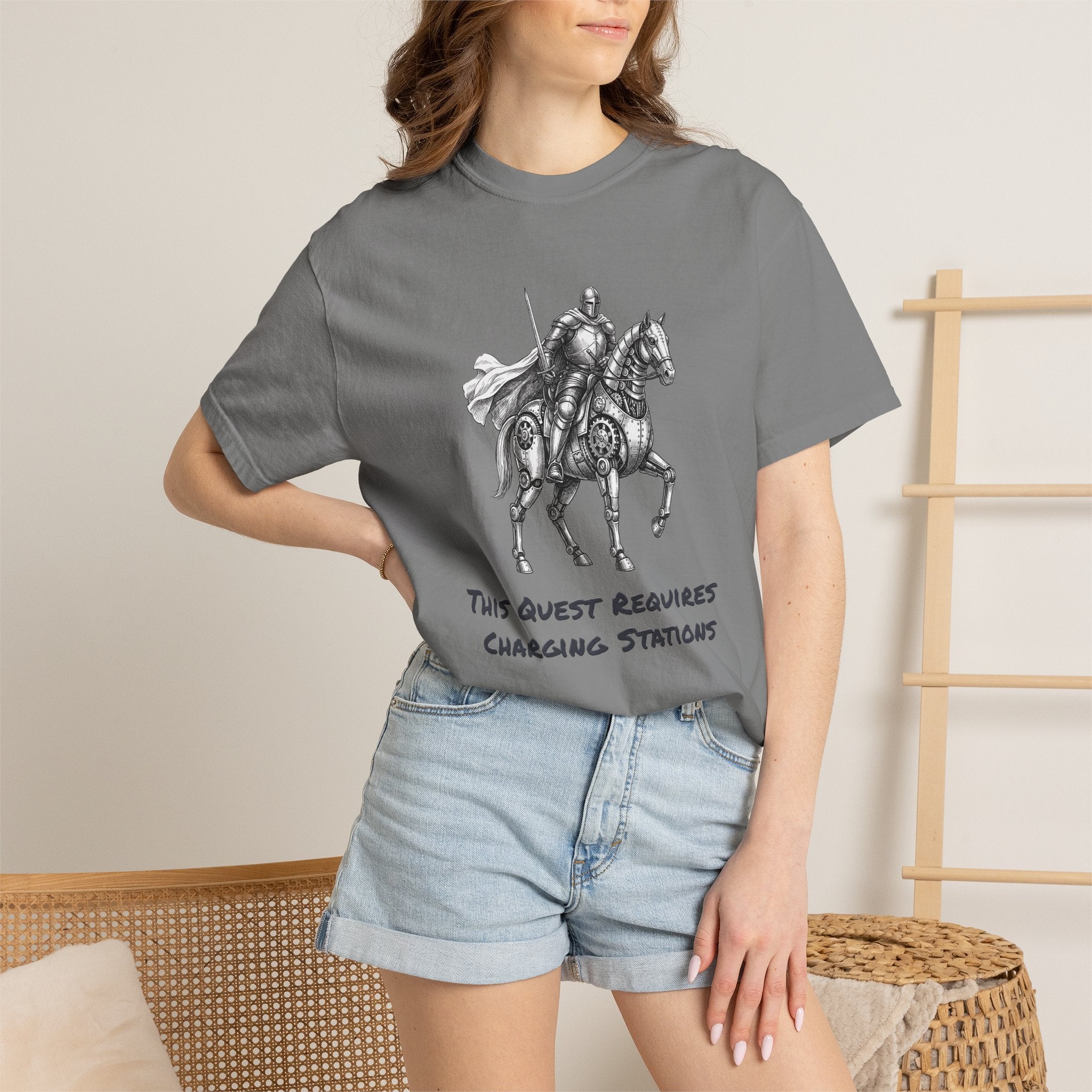 Knight & His Steed T‑Shirt — “This Quest Requires Charging Stations" Tee