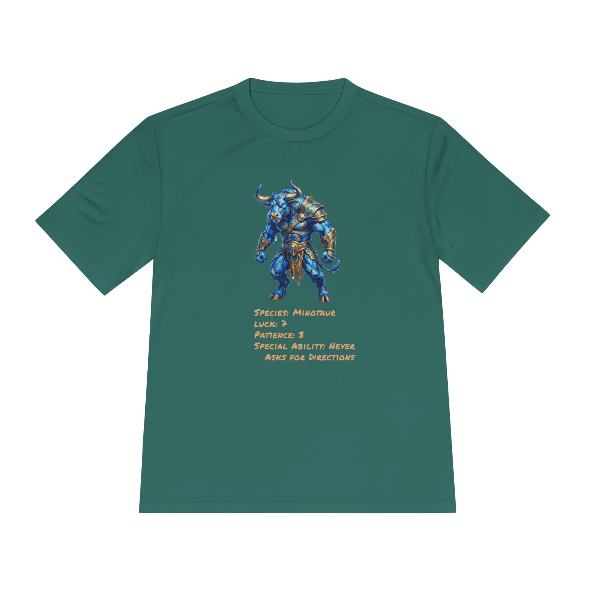 Minotaur RPG Character Moisture Wicking Shirt — "Special Ability: Never Asks for Directions"