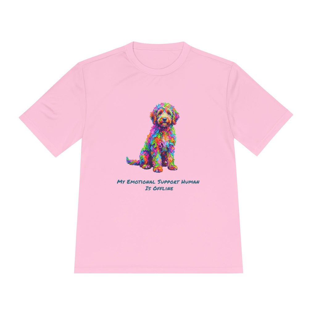 Rainbow Goldendoodle Performance Shirt — Colorful Dog Graphic Tee (My Emotional Support Human Is Offline)