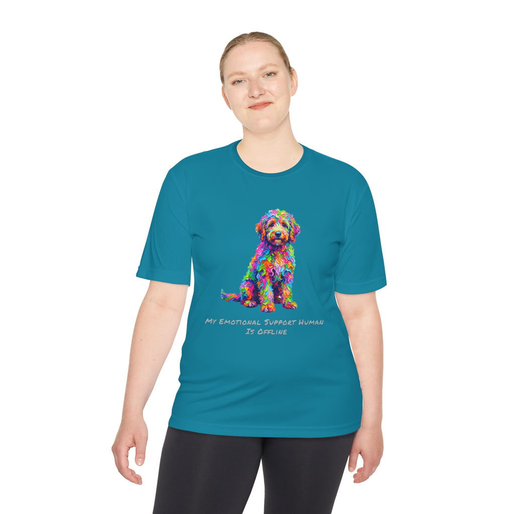 Rainbow Goldendoodle Performance Shirt — Colorful Dog Graphic Tee (My Emotional Support Human Is Offline)