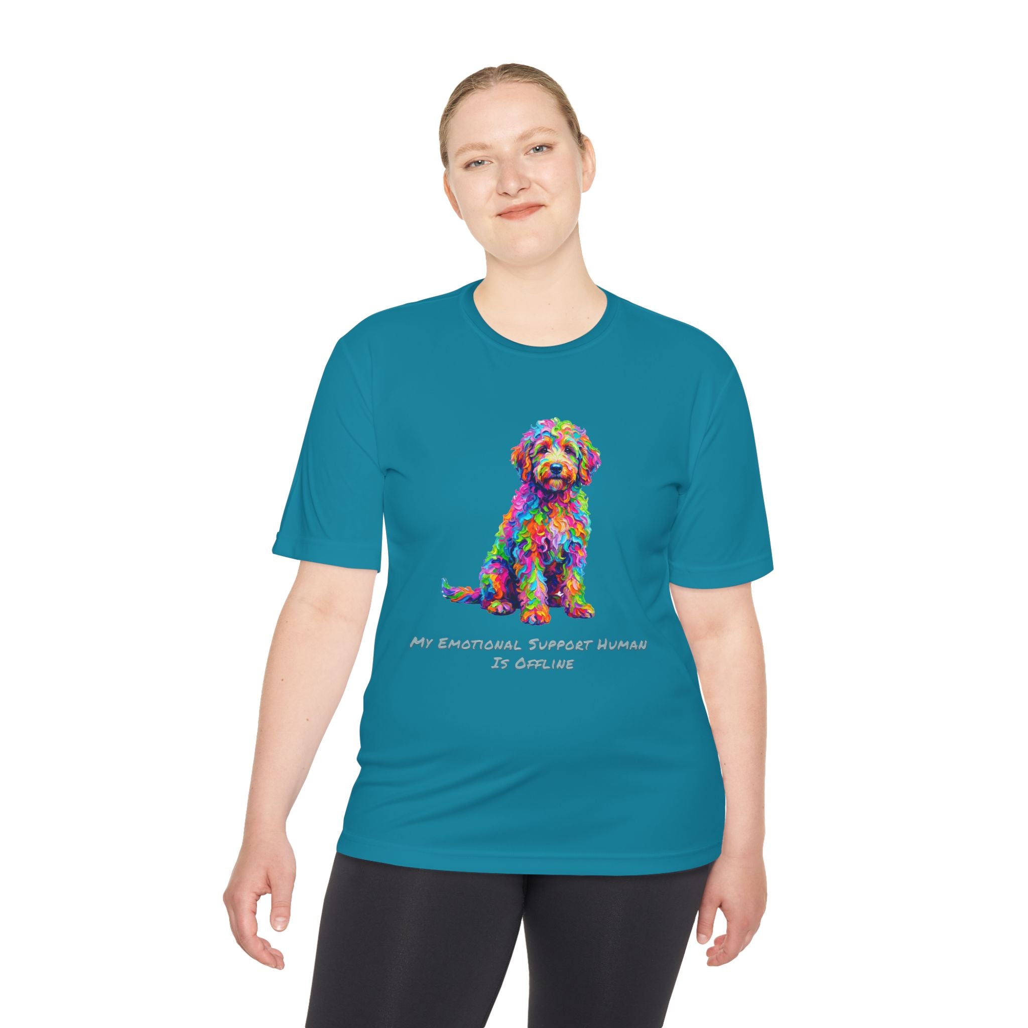 Rainbow Goldendoodle Performance Shirt — Colorful Dog Graphic Tee (My Emotional Support Human Is Offline)