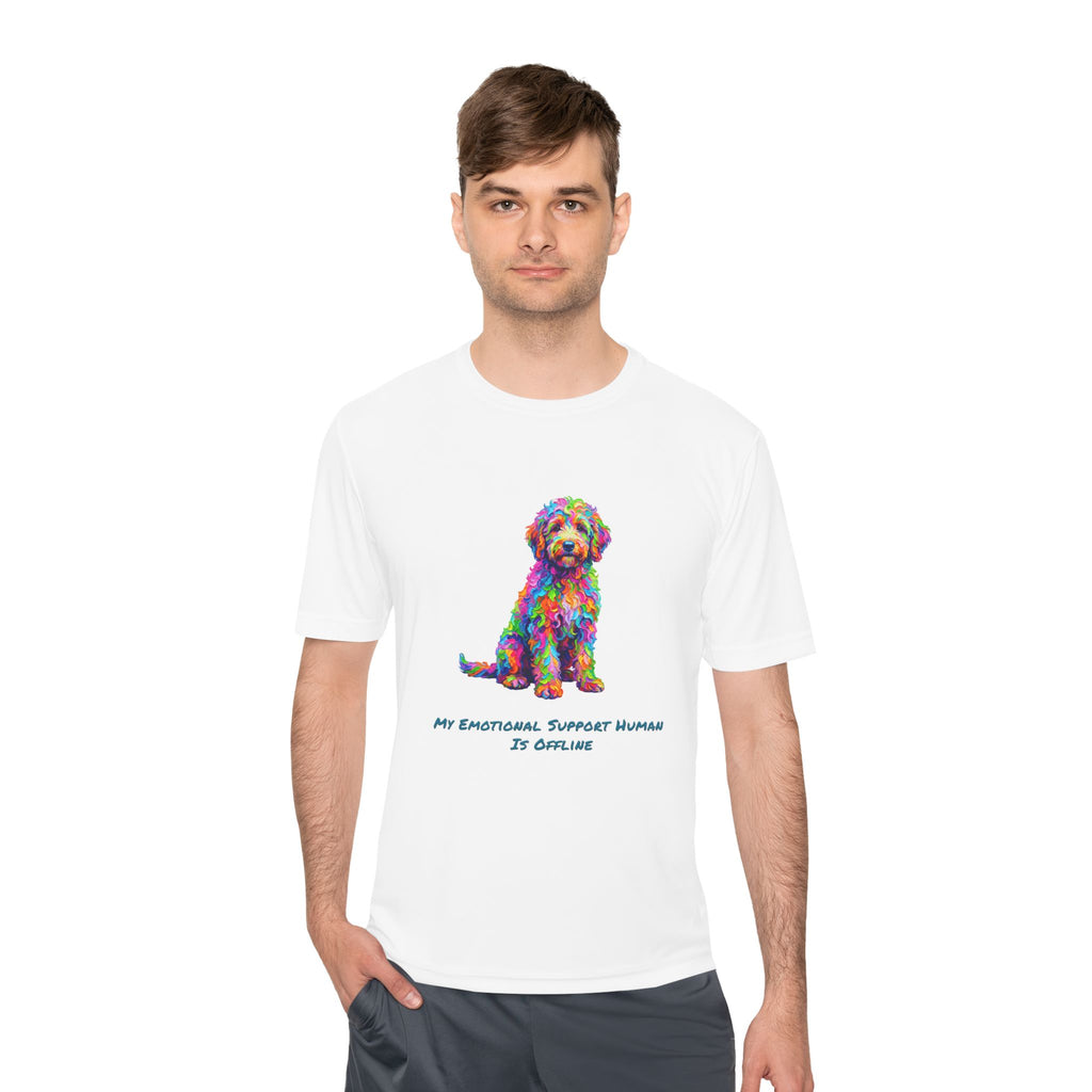 Rainbow Goldendoodle Performance Shirt — Colorful Dog Graphic Tee (My Emotional Support Human Is Offline)