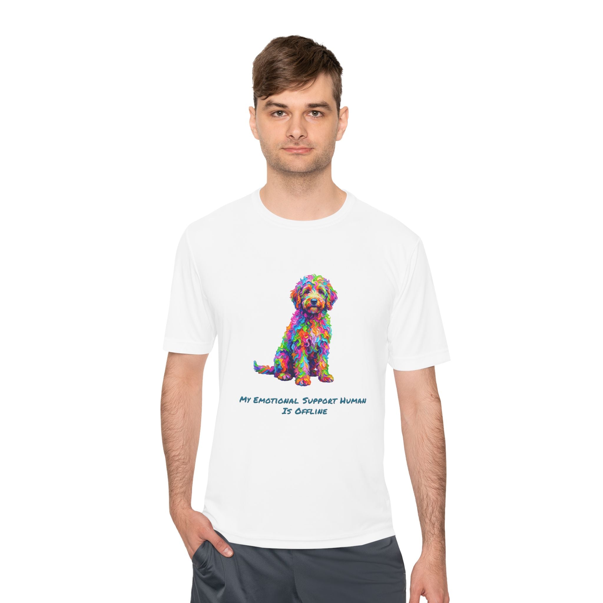 Rainbow Goldendoodle Performance Shirt — Colorful Dog Graphic Tee (My Emotional Support Human Is Offline)