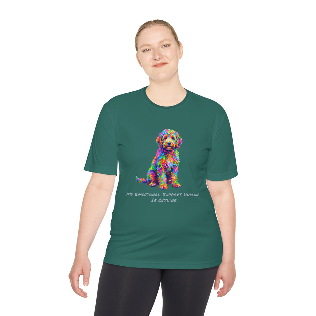 Rainbow Goldendoodle Performance Shirt — Colorful Dog Graphic Tee (My Emotional Support Human Is Offline)
