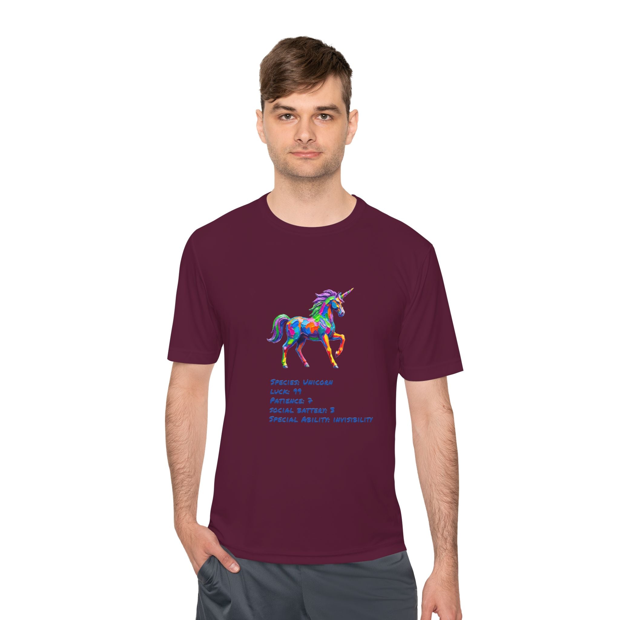 Unicorn Stat Card Moisture Wicking Shirt — "Special Ability: Invisibility"