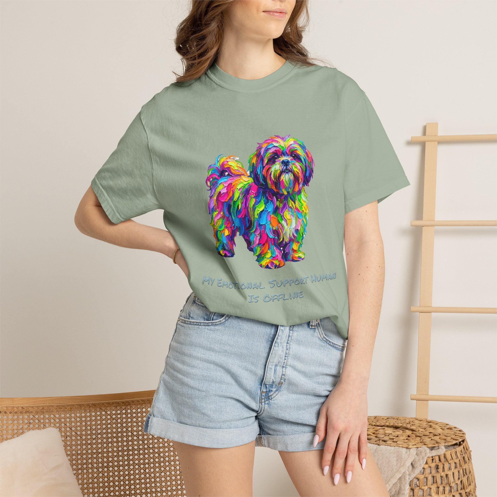 Colorful Emotional Support Dog T-Shirt — “My Emotional Support Human Is Offline” Tee