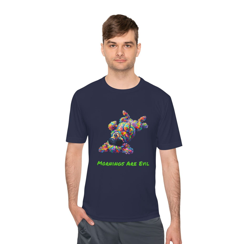 Mornings Are Evil Performance Shirt — Colorful Lazy Dog Graphic Tee