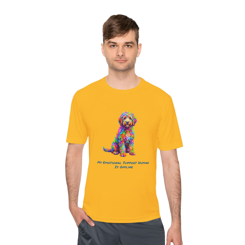 Rainbow Goldendoodle Performance Shirt — Colorful Dog Graphic Tee (My Emotional Support Human Is Offline)