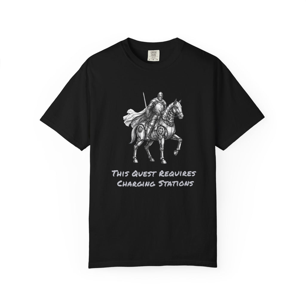 Knight & His Steed T‑Shirt — “This Quest Requires Charging Stations" Tee