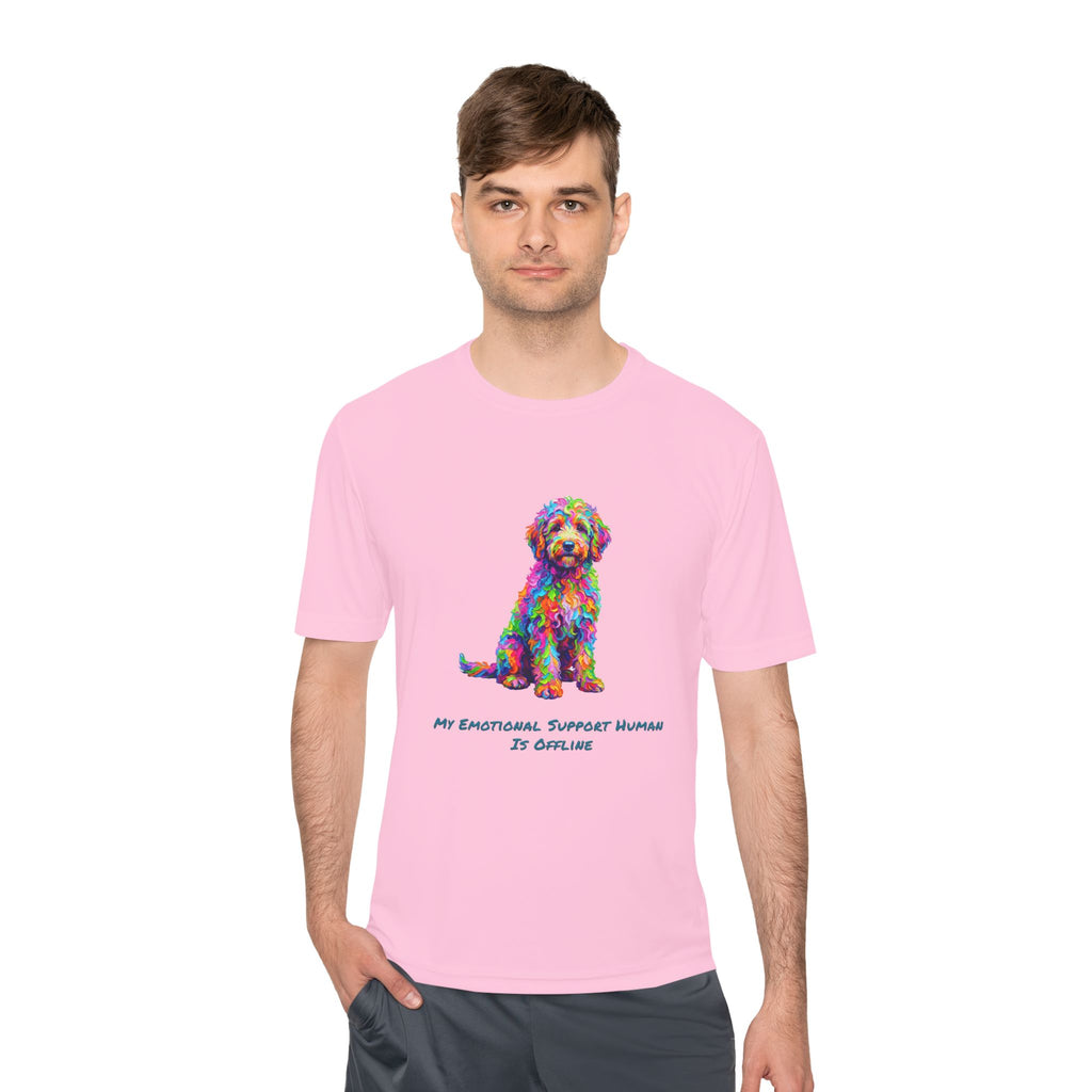 Rainbow Goldendoodle Performance Shirt — Colorful Dog Graphic Tee (My Emotional Support Human Is Offline)