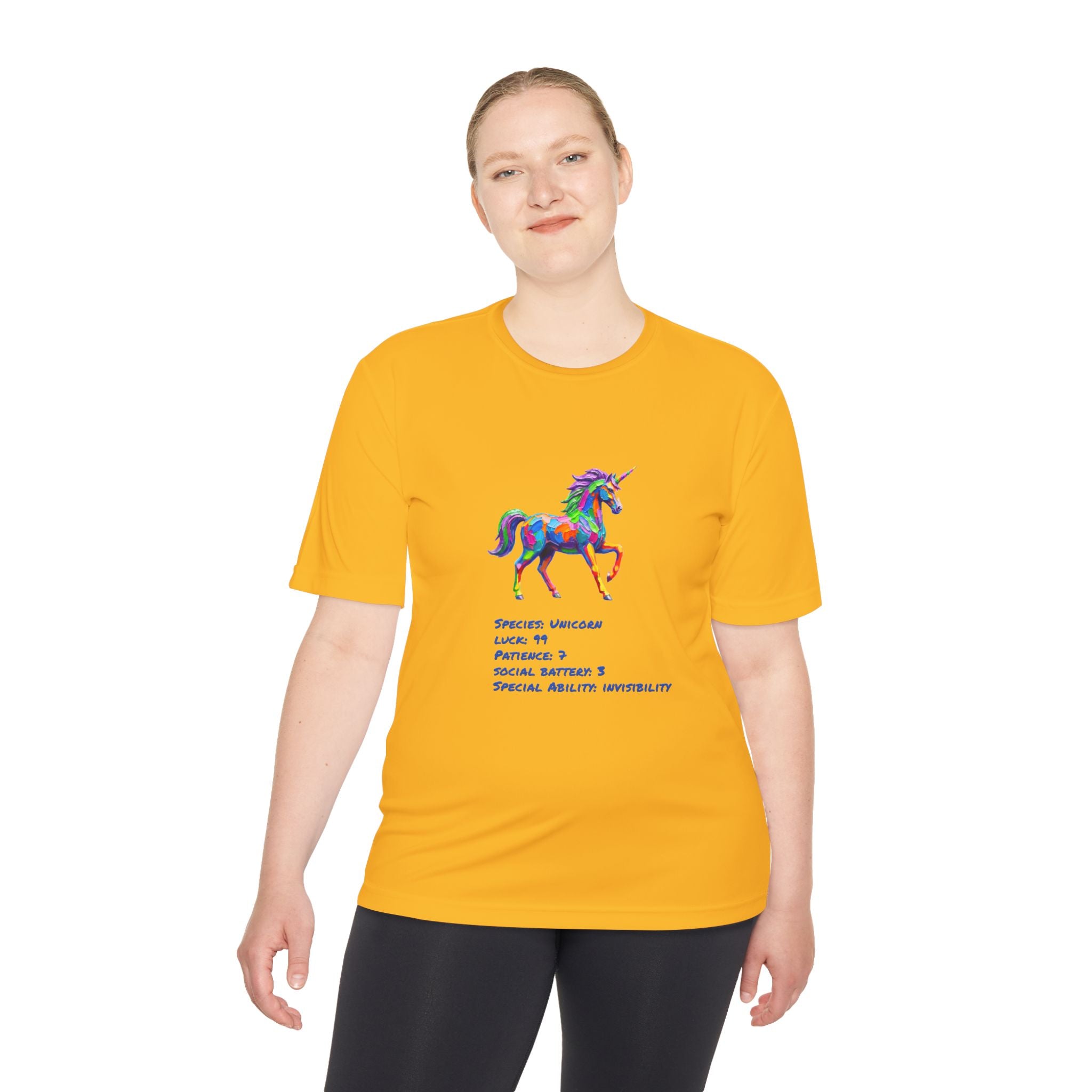 Unicorn Stat Card Moisture Wicking Shirt — "Special Ability: Invisibility"