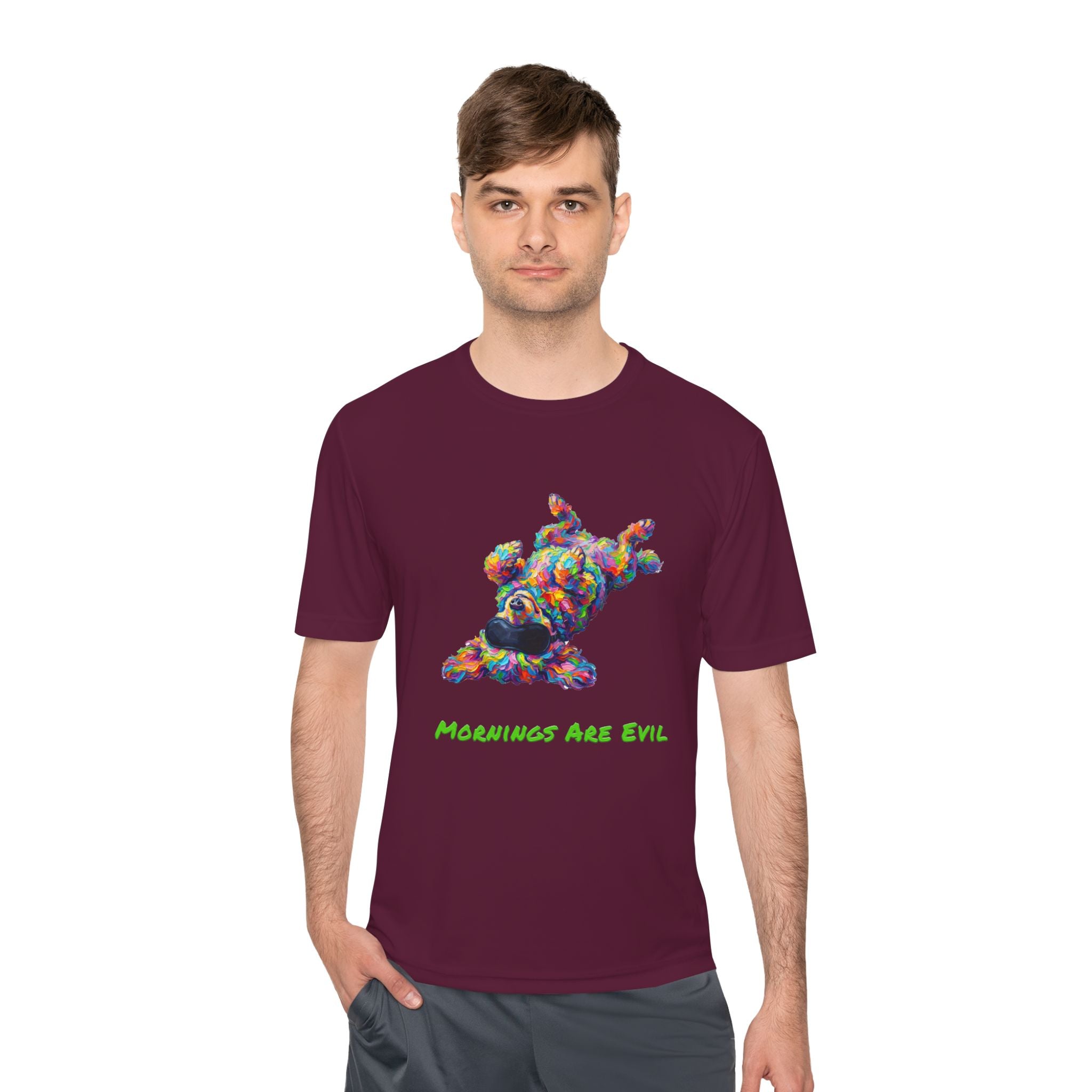 Mornings Are Evil Performance Shirt — Colorful Lazy Dog Graphic Tee