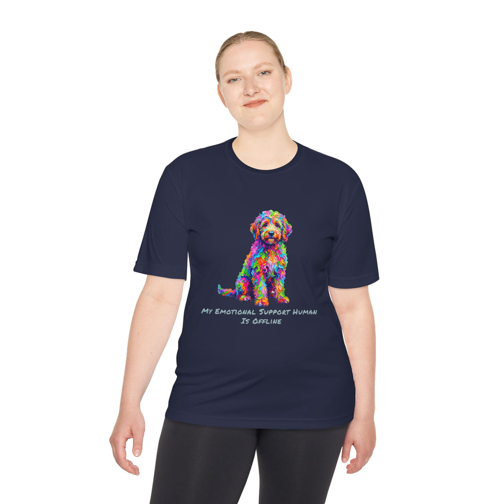 Rainbow Goldendoodle Performance Shirt — Colorful Dog Graphic Tee (My Emotional Support Human Is Offline)