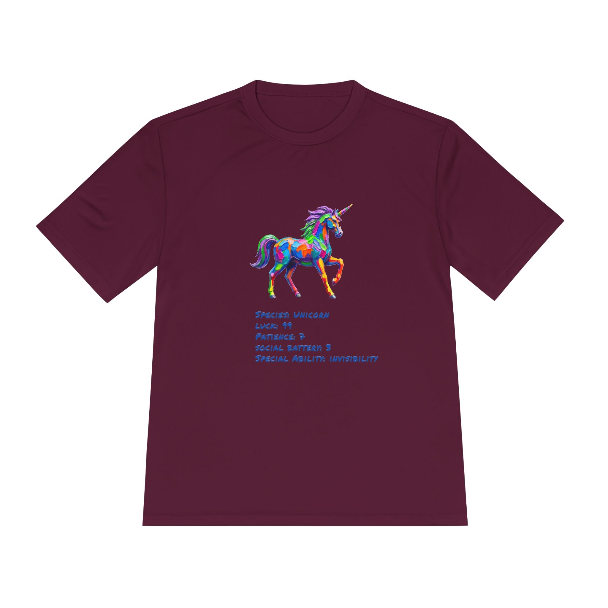 Unicorn Stat Card Moisture Wicking Shirt — "Special Ability: Invisibility"
