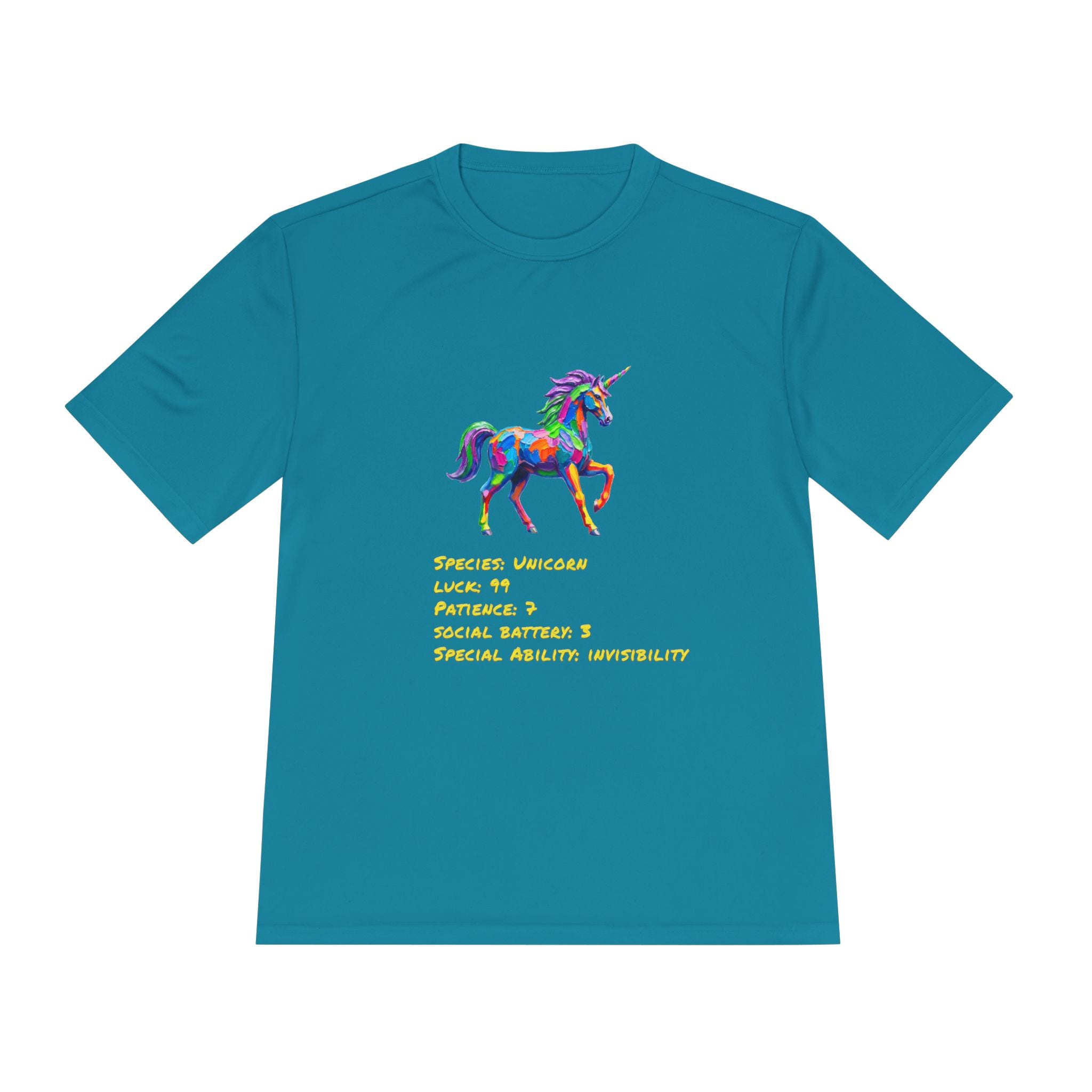 Unicorn Stat Card Moisture Wicking Shirt — "Special Ability: Invisibility"