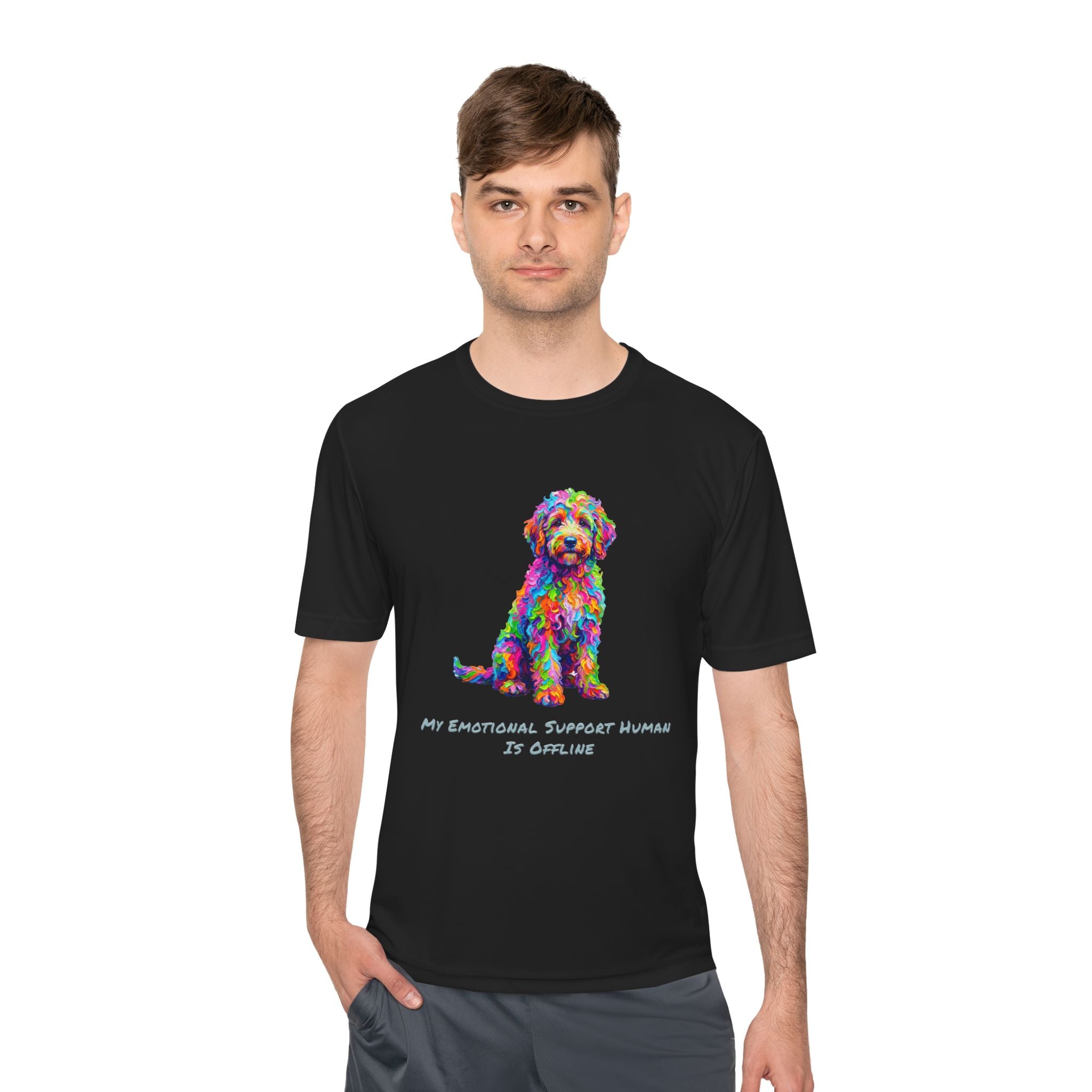 Rainbow Goldendoodle Performance Shirt — Colorful Dog Graphic Tee (My Emotional Support Human Is Offline)