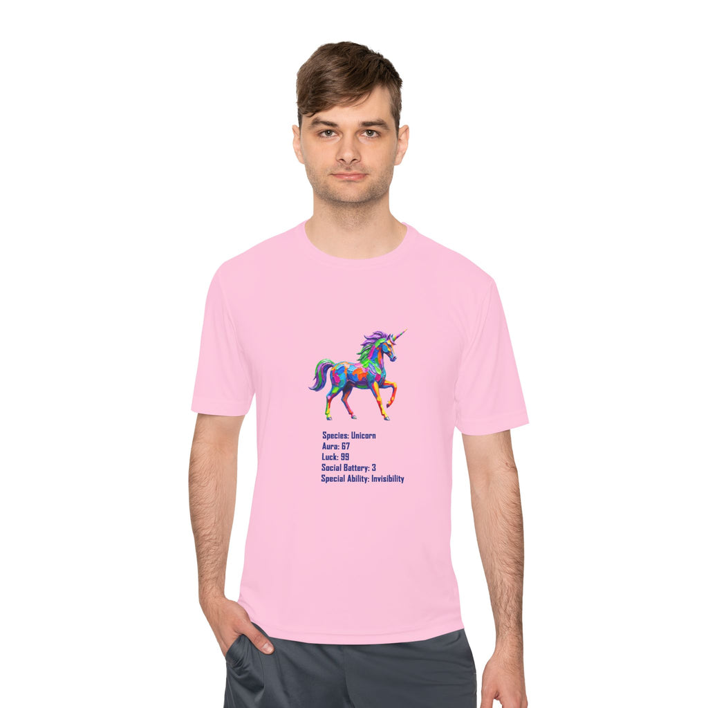 Unicorn Stat Card Moisture Wicking Shirt — "Special Ability: Invisibility"