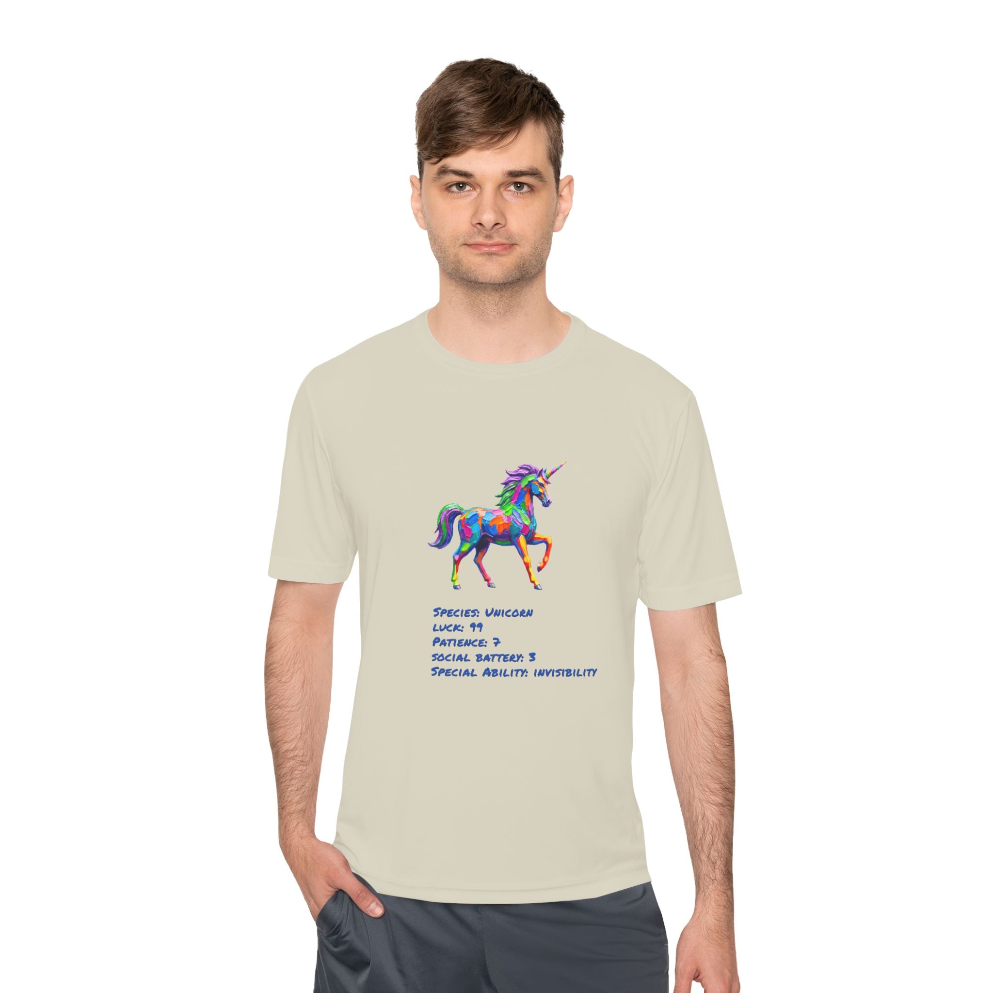 Unicorn Stat Card Moisture Wicking Shirt — "Special Ability: Invisibility"