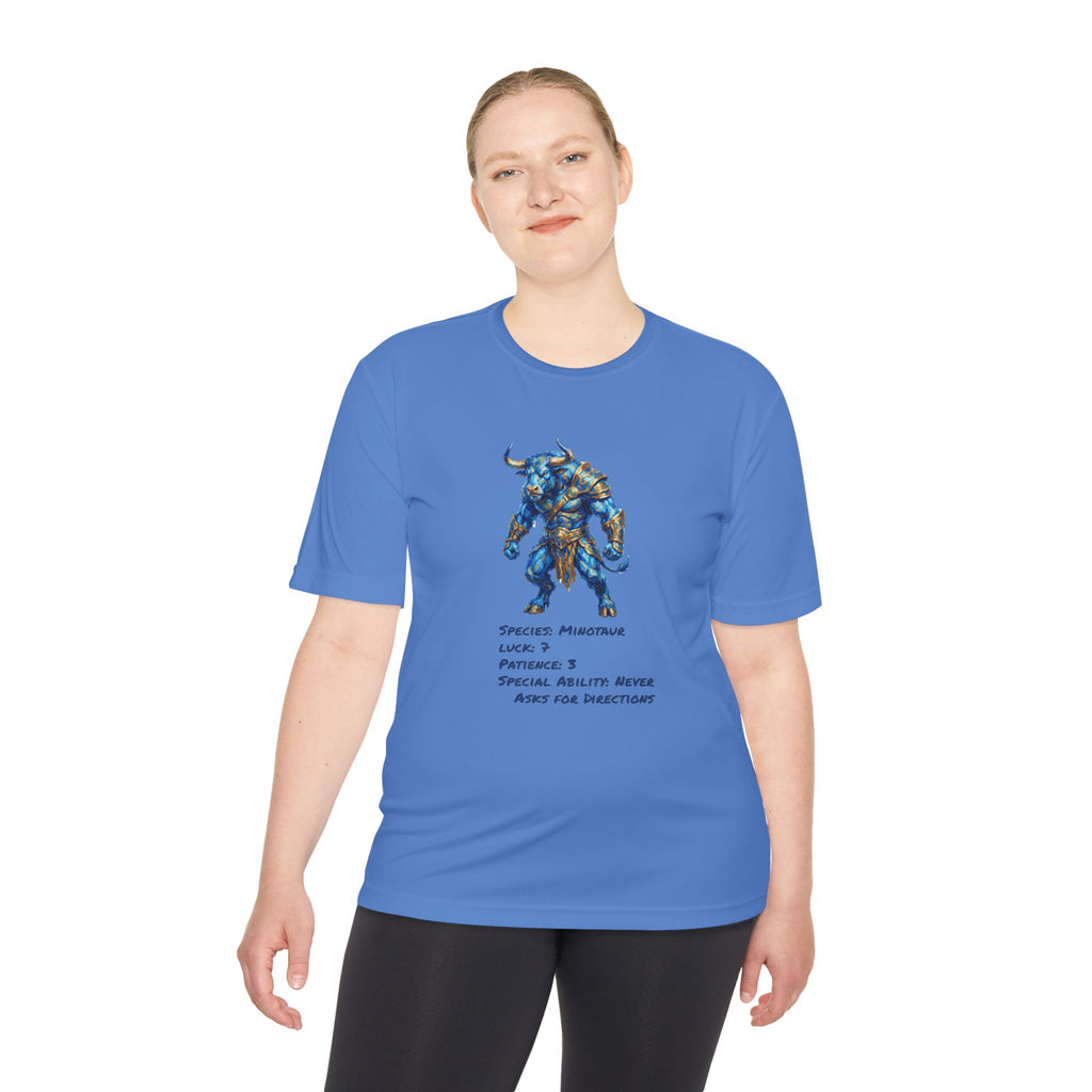 Minotaur RPG Character Moisture Wicking Shirt — "Special Ability: Never Asks for Directions"