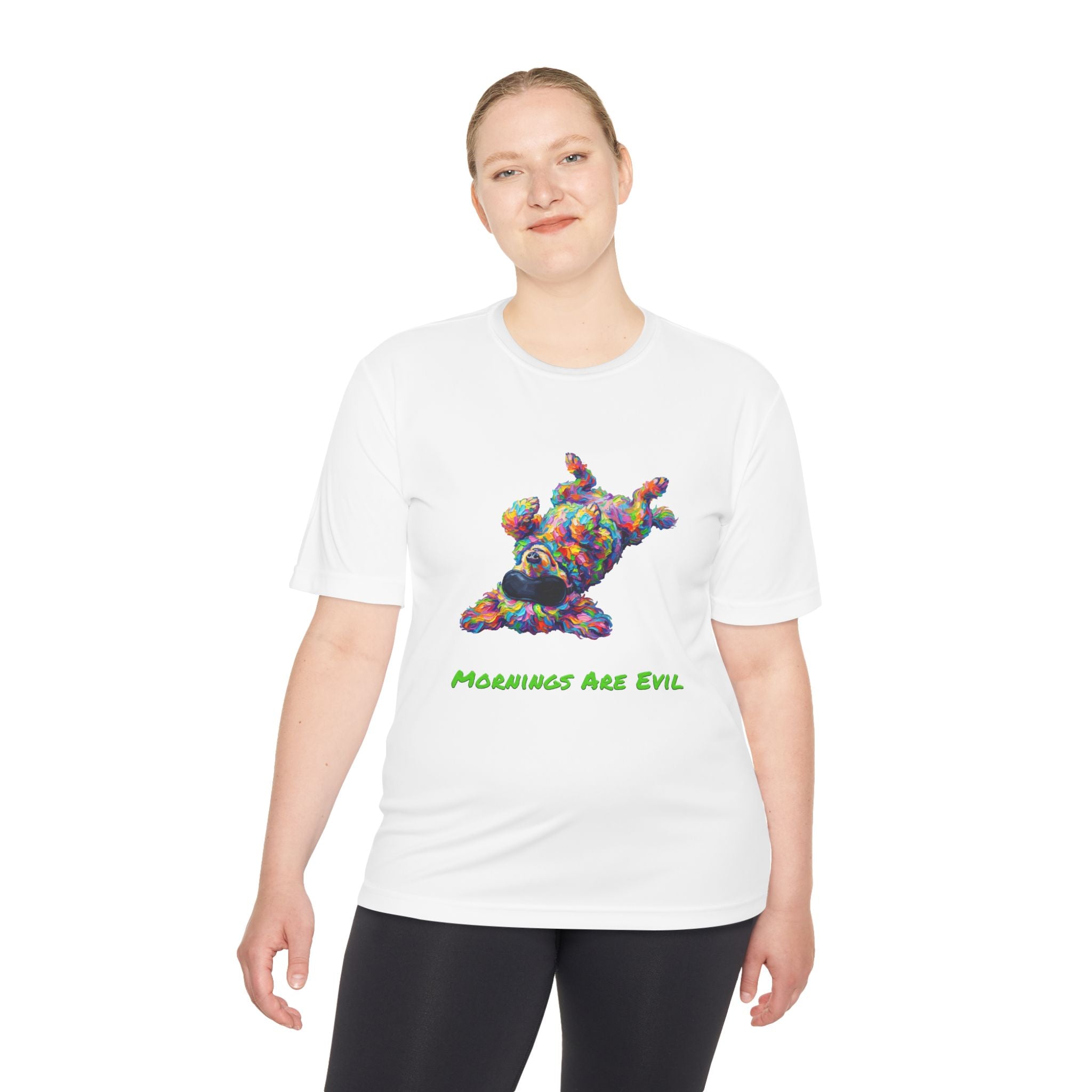 Mornings Are Evil Performance Shirt — Colorful Lazy Dog Graphic Tee