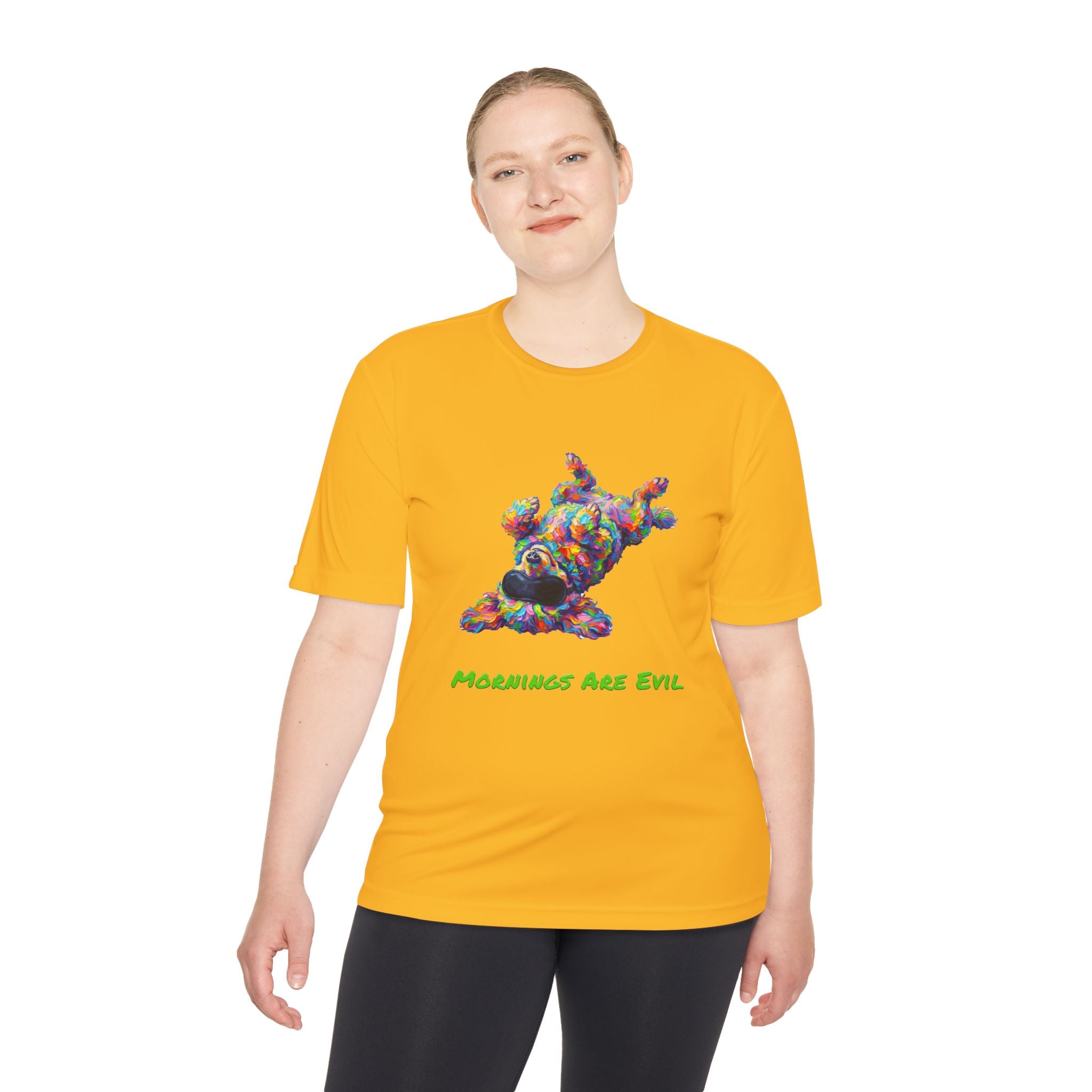 Mornings Are Evil Performance Shirt — Colorful Lazy Dog Graphic Tee