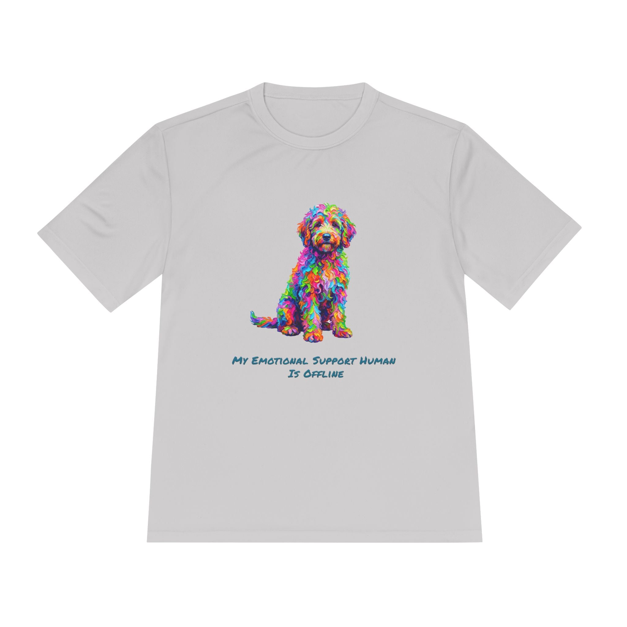 Rainbow Goldendoodle Performance Shirt — Colorful Dog Graphic Tee (My Emotional Support Human Is Offline)