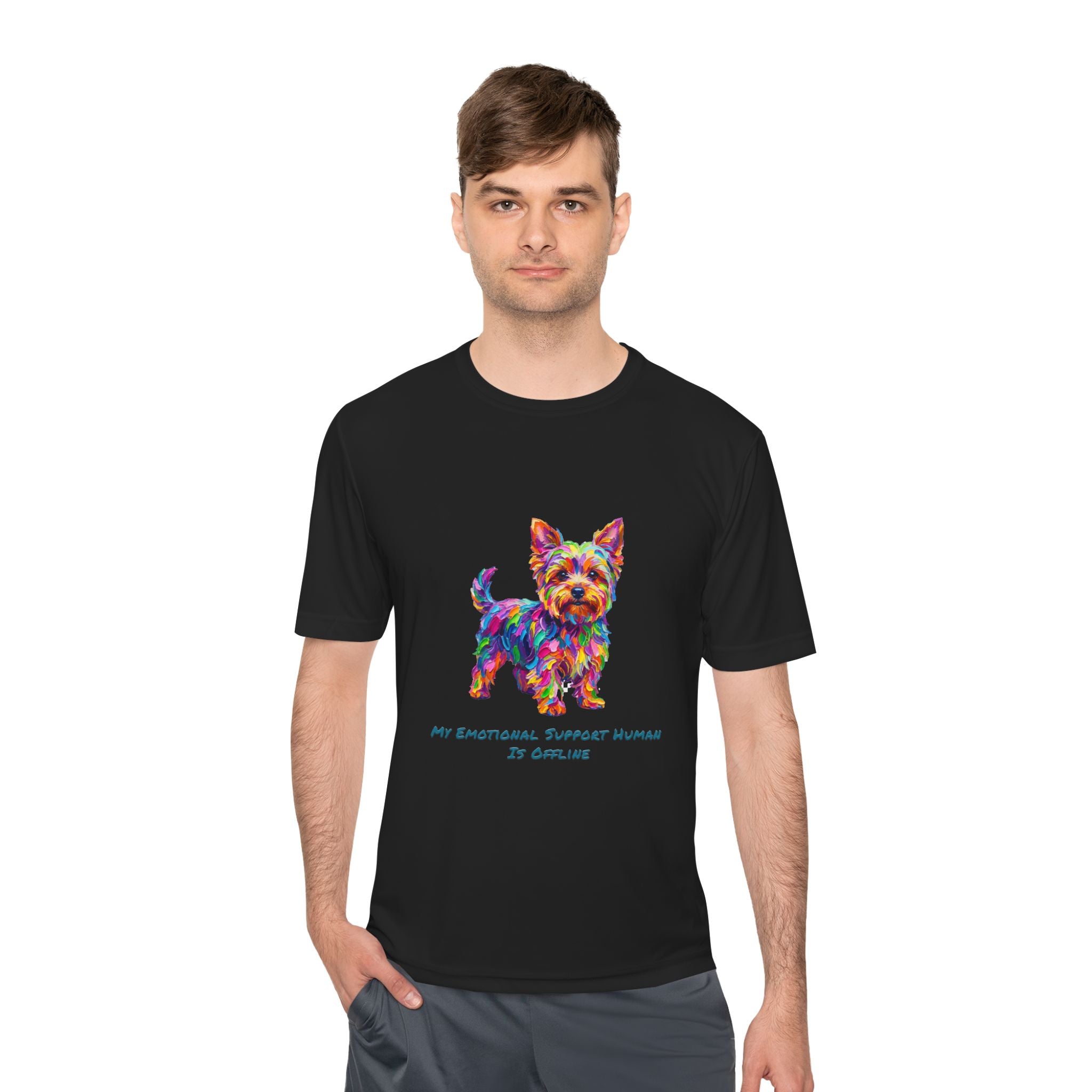 Yorkie Performance Shirt — Colorful Dog Graphic Tee (My Emotional Support Human Is Offline)