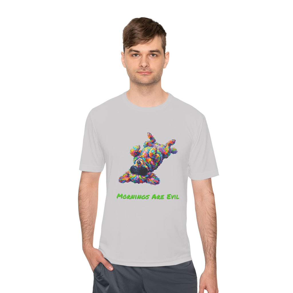 Mornings Are Evil Performance Shirt — Colorful Lazy Dog Graphic Tee