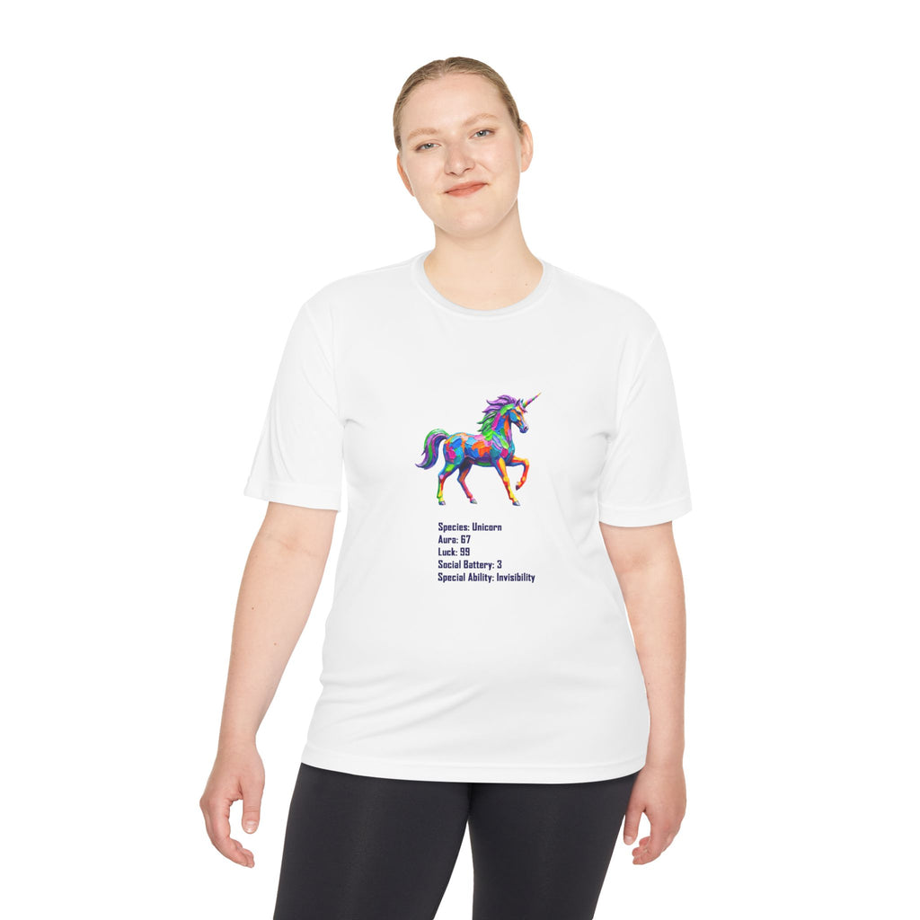 Unicorn Stat Card Moisture Wicking Shirt — "Special Ability: Invisibility"