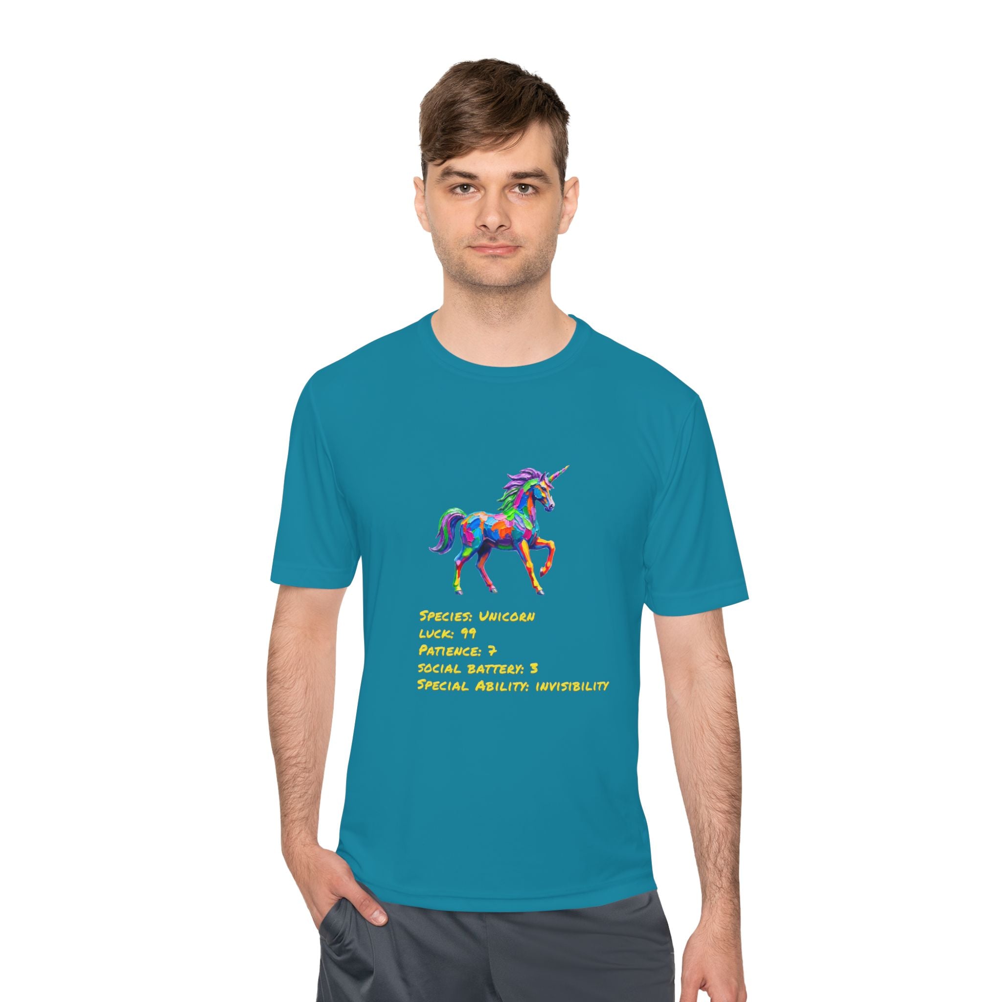 Unicorn Stat Card Moisture Wicking Shirt — "Special Ability: Invisibility"