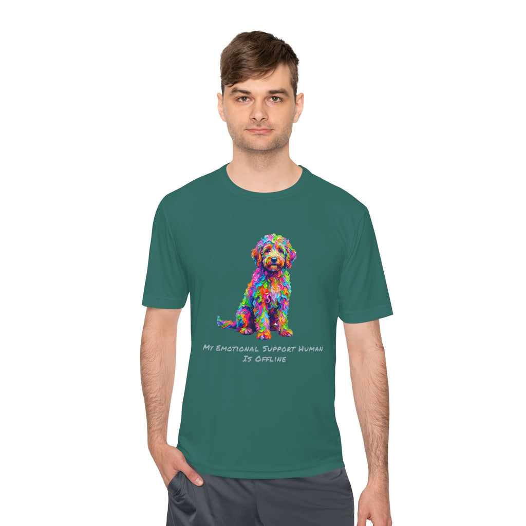 Rainbow Goldendoodle Performance Shirt — Colorful Dog Graphic Tee (My Emotional Support Human Is Offline)
