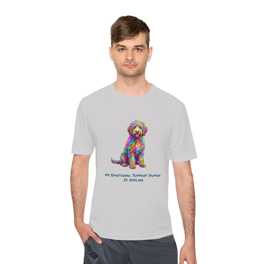 Rainbow Goldendoodle Performance Shirt — Colorful Dog Graphic Tee (My Emotional Support Human Is Offline)