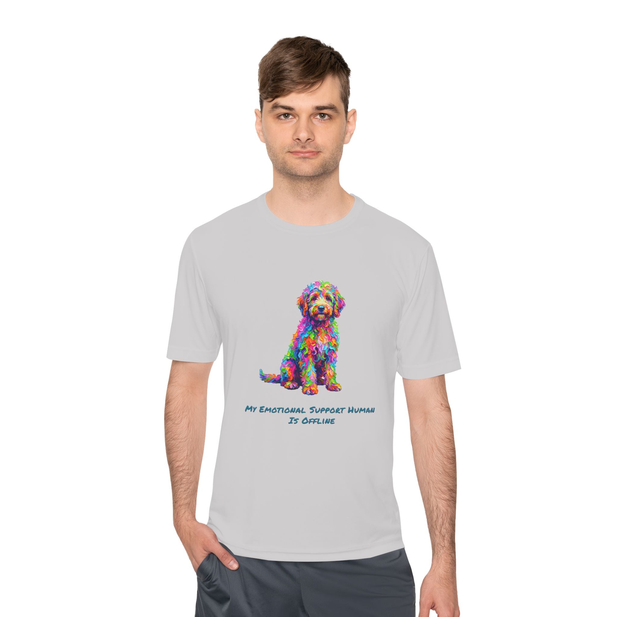 Rainbow Goldendoodle Performance Shirt — Colorful Dog Graphic Tee (My Emotional Support Human Is Offline)