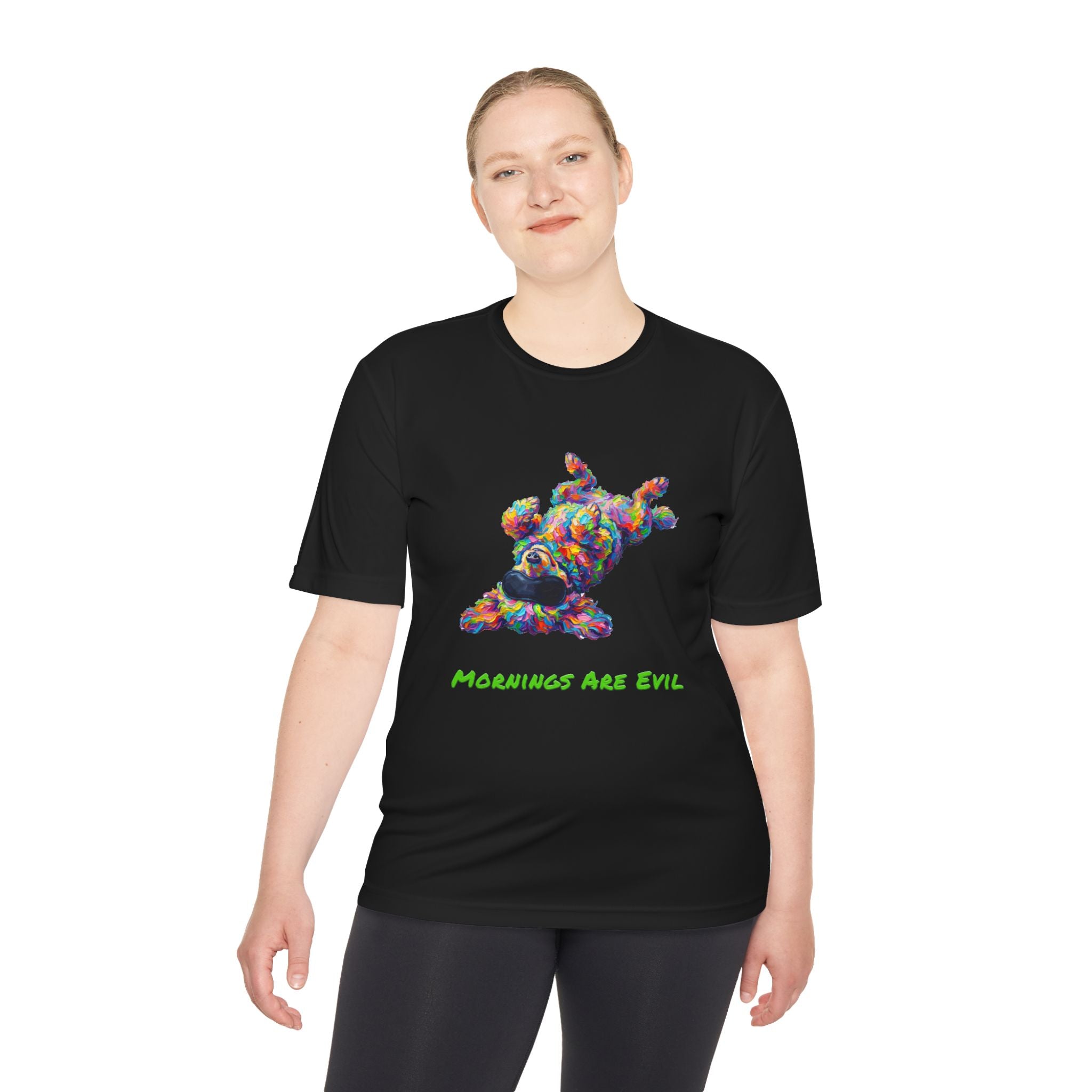 Mornings Are Evil Performance Shirt — Colorful Lazy Dog Graphic Tee