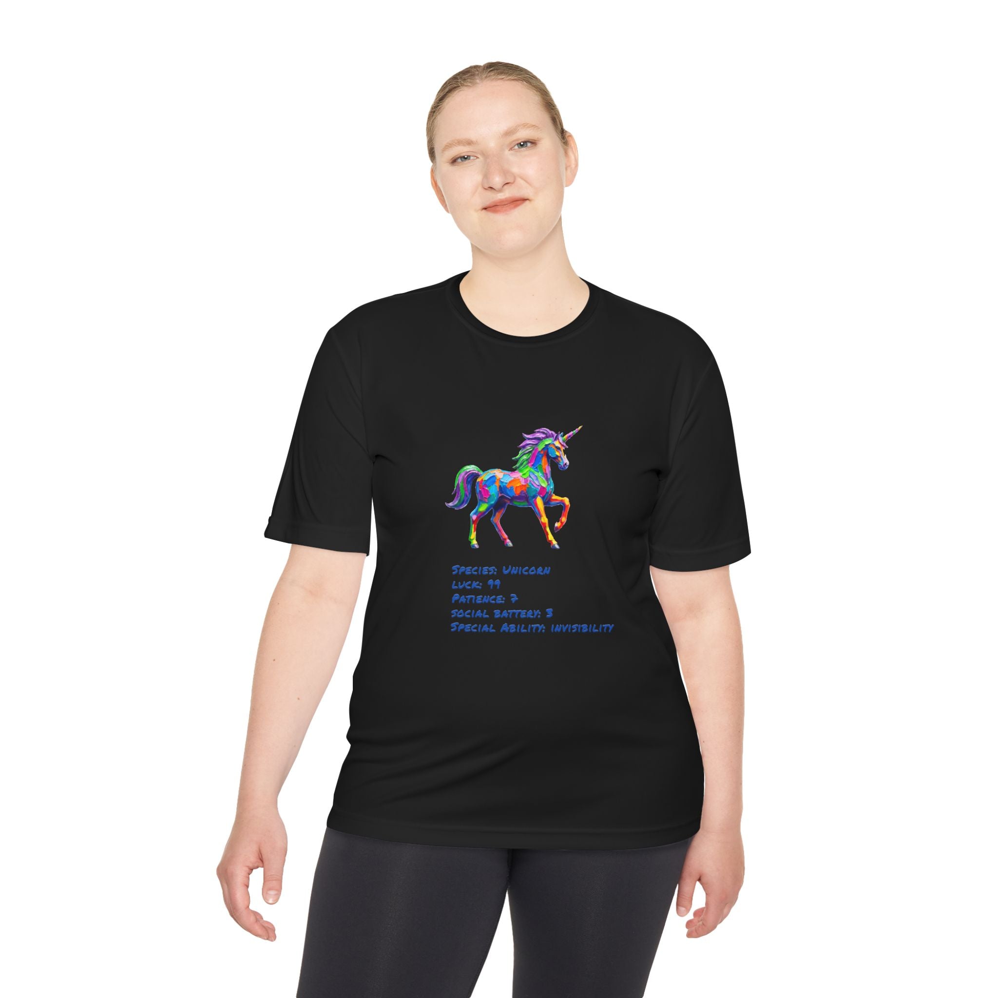 Unicorn Stat Card Moisture Wicking Shirt — "Special Ability: Invisibility"