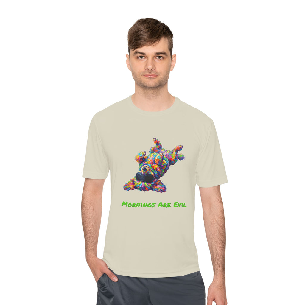Mornings Are Evil Performance Shirt — Colorful Lazy Dog Graphic Tee