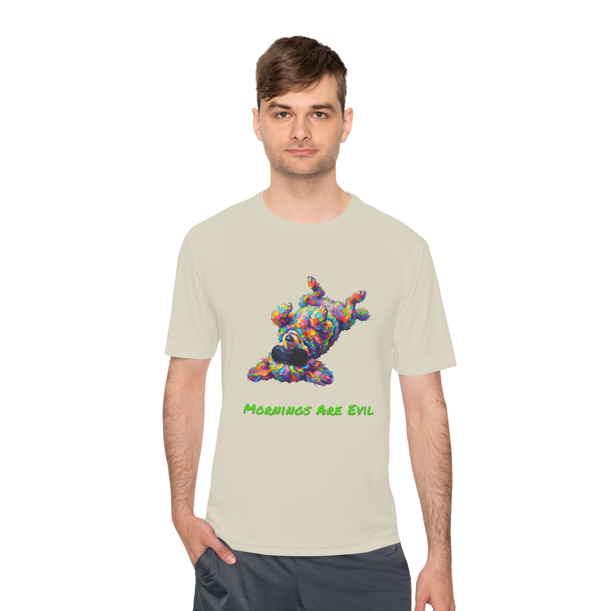 Mornings Are Evil Performance Shirt — Colorful Lazy Dog Graphic Tee