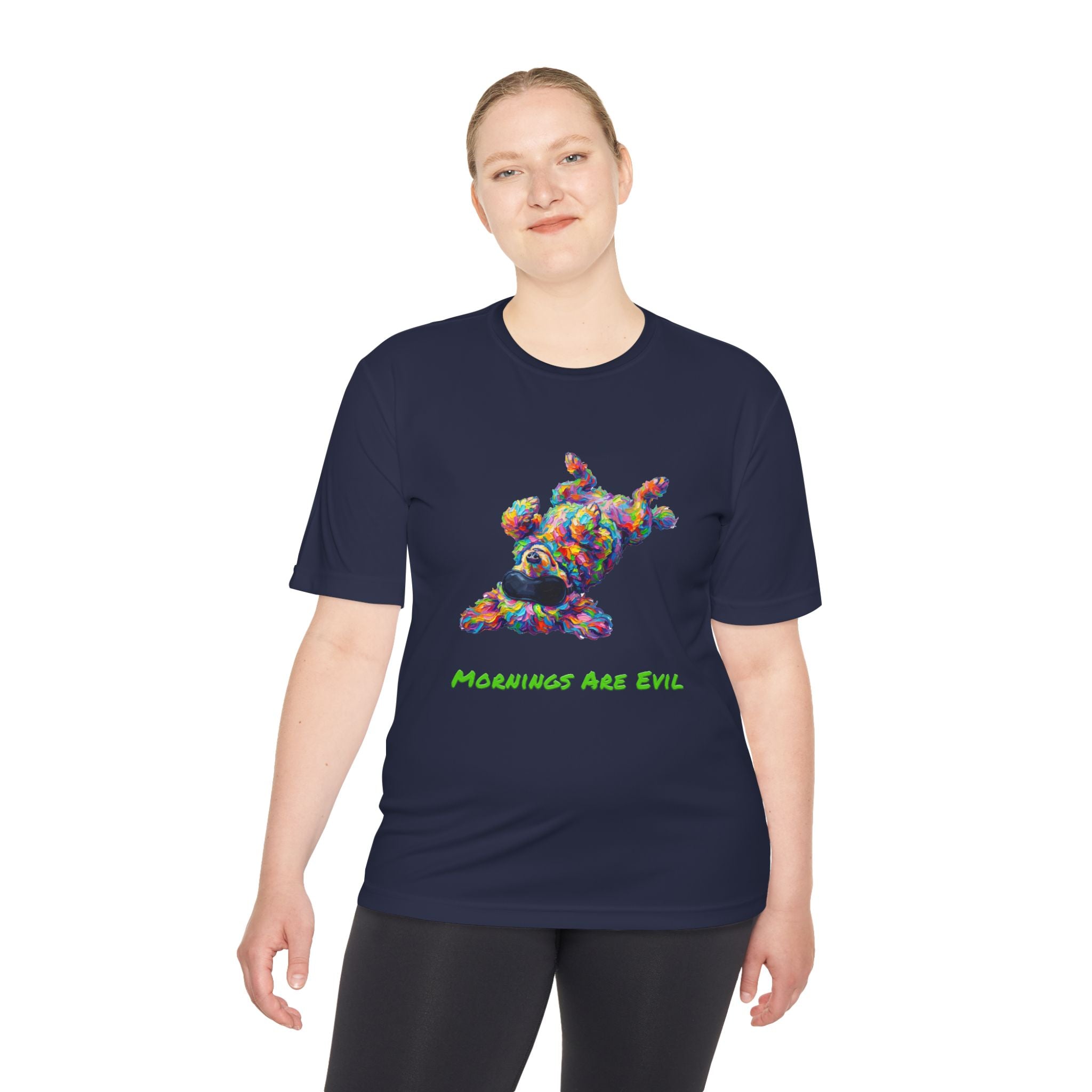 Mornings Are Evil Performance Shirt — Colorful Lazy Dog Graphic Tee