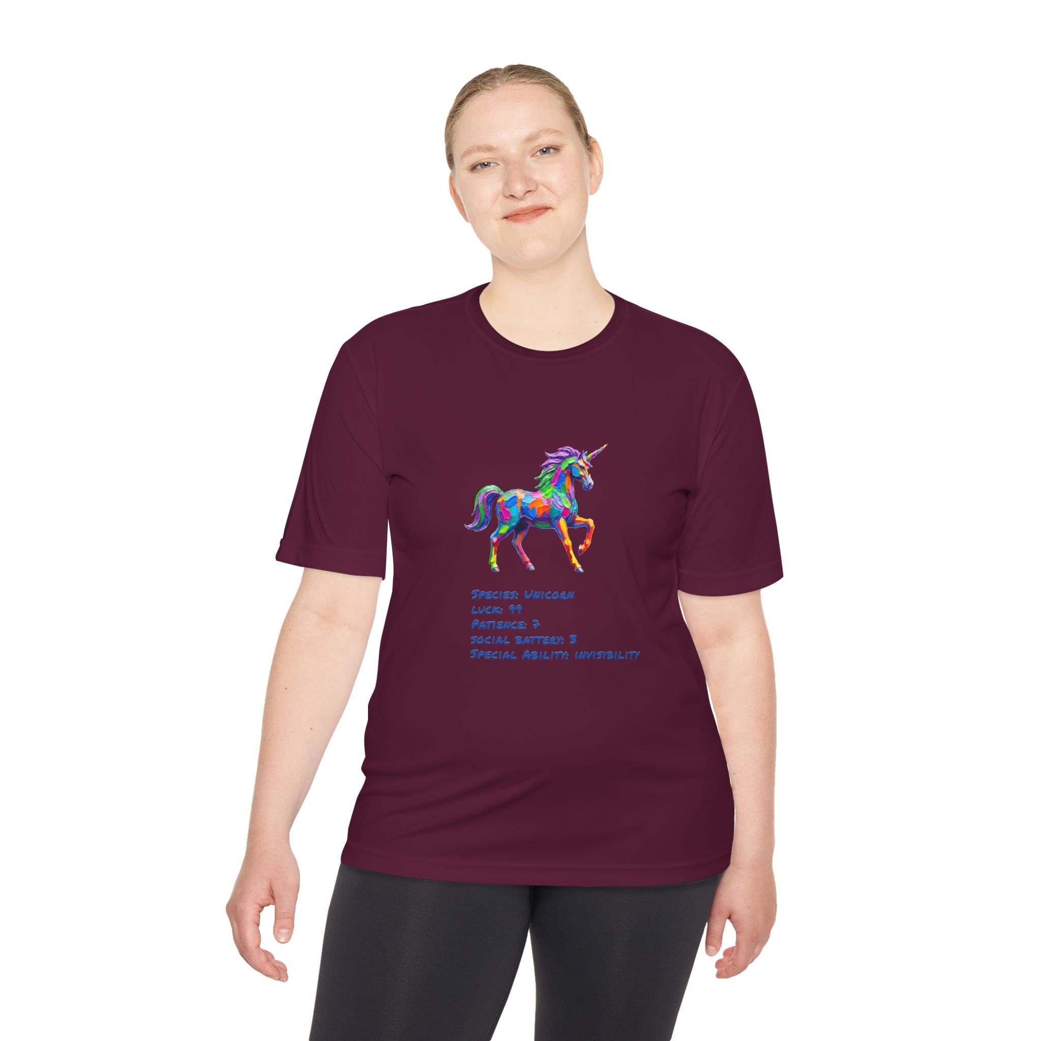 Unicorn Stat Card Moisture Wicking Shirt — "Special Ability: Invisibility"
